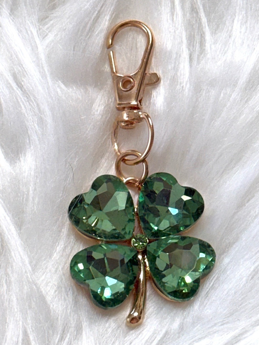Green Rhinestone Four 4 Leaf Clover Shamrock Bag Charm Keychain